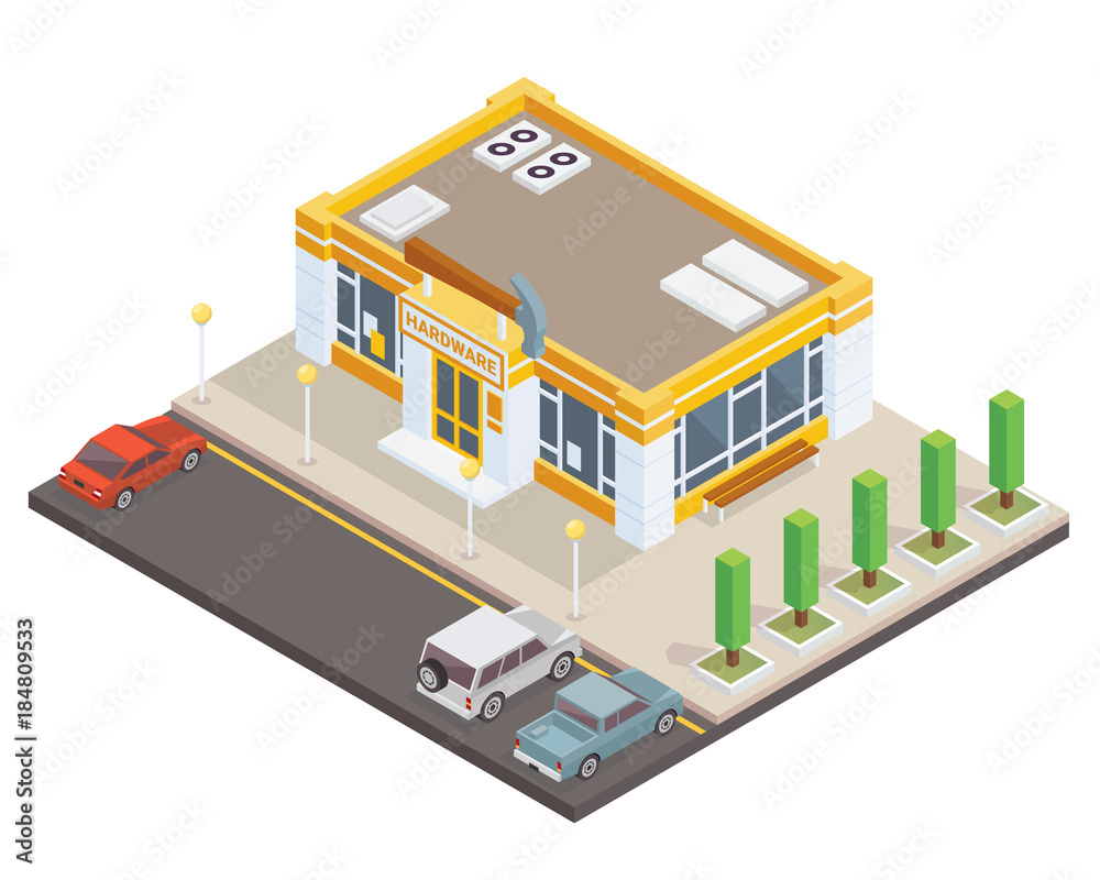 Modern Isometric Hardware Tools Store Commercial Building Illustration