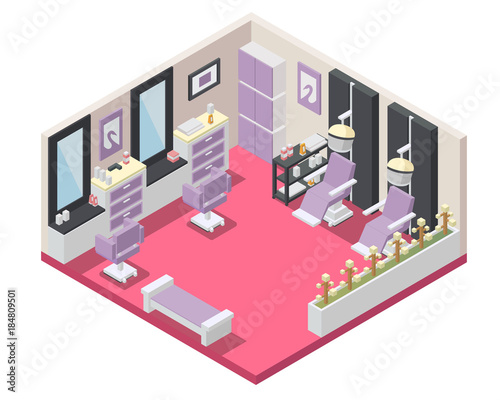 Modern female beauty salon interior design in isometric view illustration.