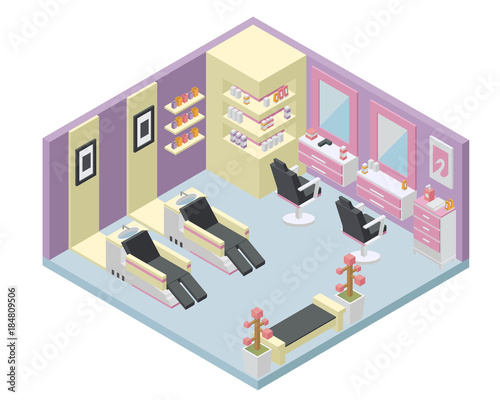 Modern female beauty salon interior design in isometric view illustration.