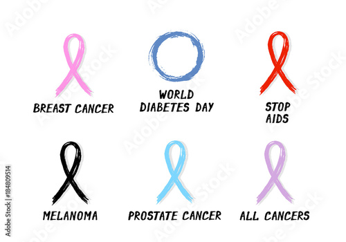 Symbolic ribbons - set of 6 ribbons - breast cancer - diabetes - AIDS - melanoma - prostate cancer- all cancers