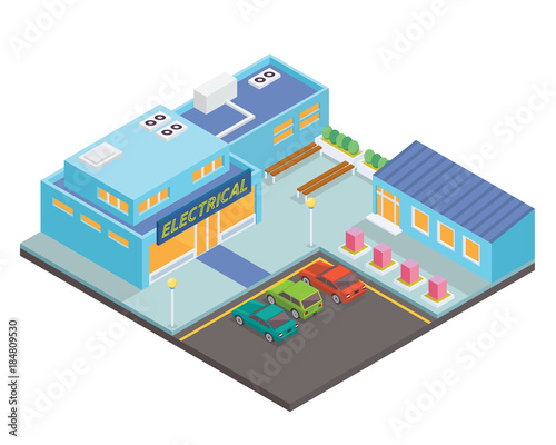 Modern Isometric Electrical Store Commercial Building Illustration