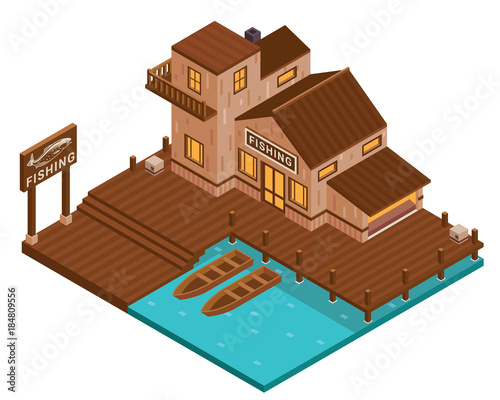 Modern Isometric Fishing Equipment Store Commercial Building Illustration