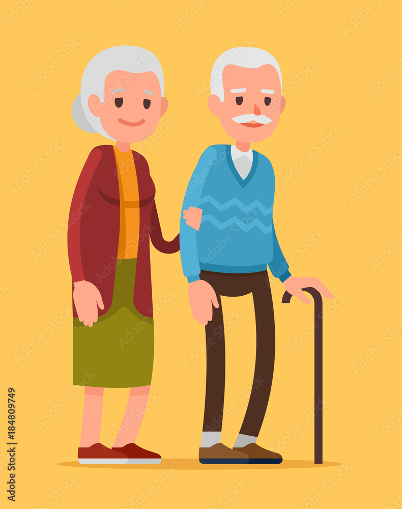 An elderly couple is walking and holding hands. Vector illustration of a flat design An elderly couple is walking and holding hands. Vector illustration of a flat design