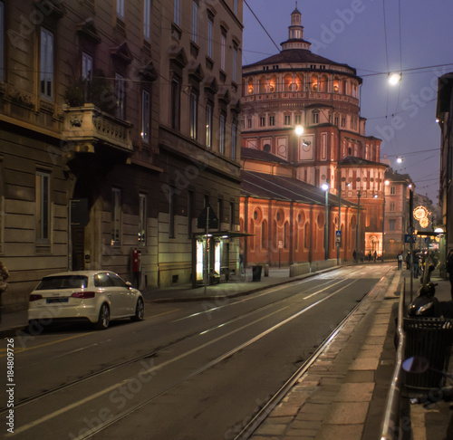a street in Milan during the Christmas period, with the illuminated church, Santa Maria delle Grazie © gpriccardi