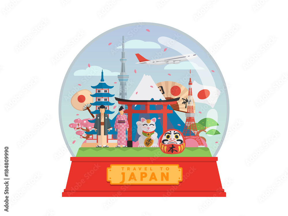 Obraz premium Japan Famous Tourist Destination Snow Globe Illustration