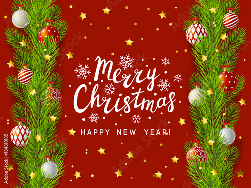 Christmas tree branches border on red background
