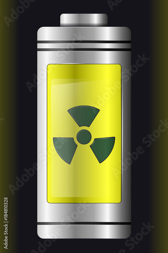 Metal with Glass Battery. Yellow Nuclear Symbol. Isolated on Black Background