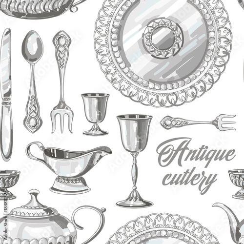Hand drawn antique silver cutlery set pattern