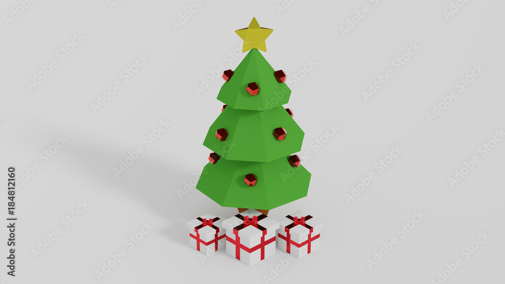 Christmas Tree with three white and red gifts wrapped beneath Christmas Tree with three white and red gifts wrapped beneath