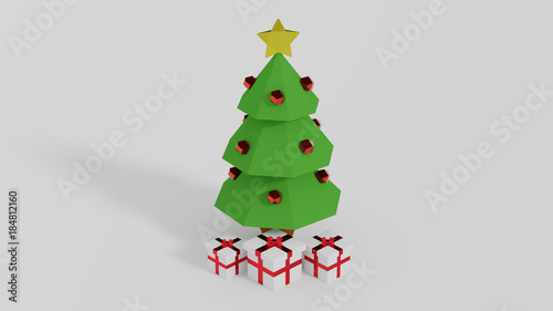 Christmas Tree with three white and red gifts wrapped beneath