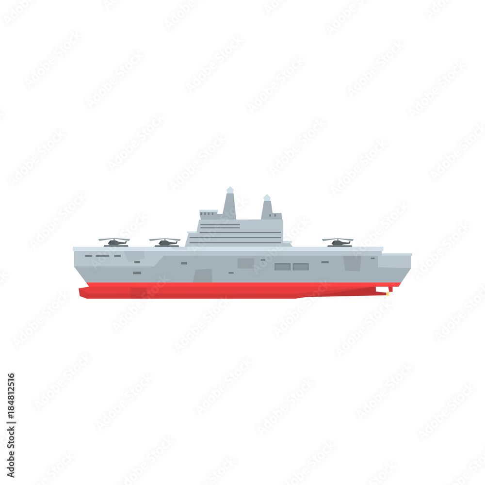 Illustration of hi-speed navy tanker with helicopters on aboard. Marine vehicle. Graphic element for computer or mobile game. Flat vector design