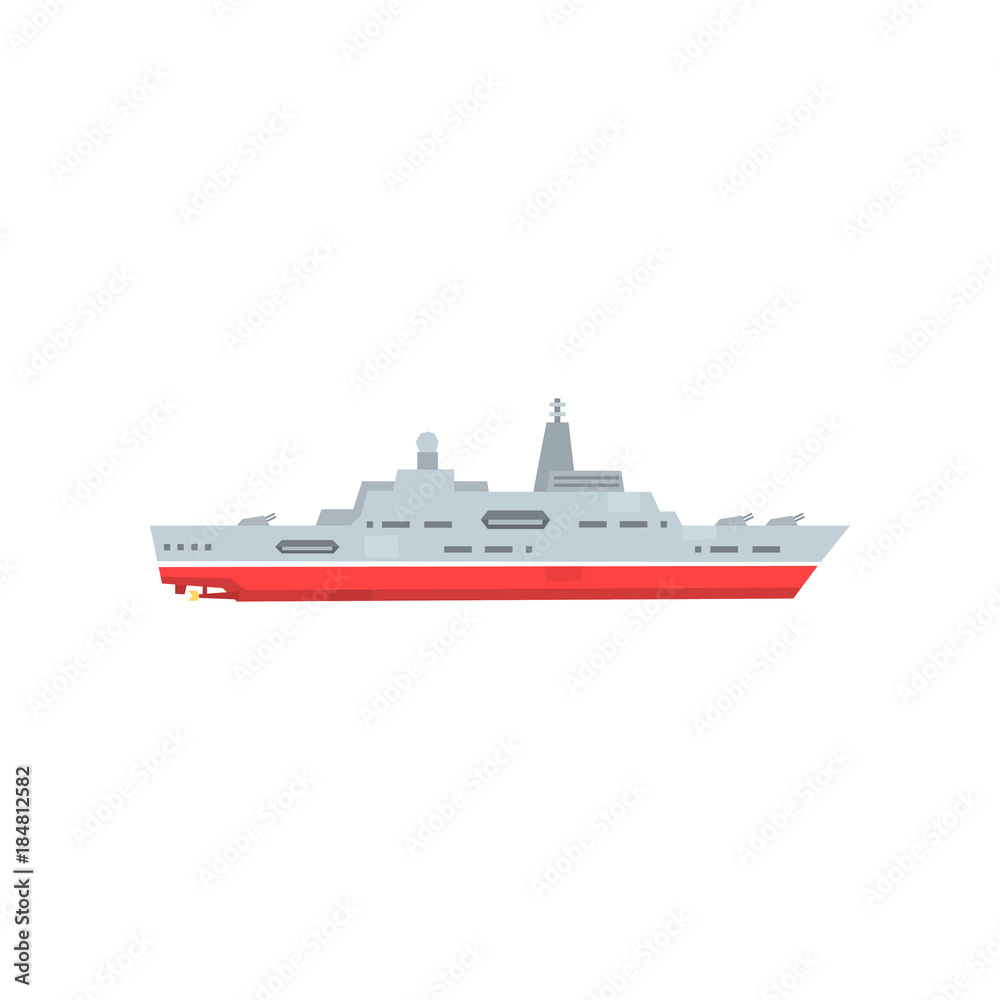 Military steam ship with artillery and radar. Battle warship icon. Navy armored boat. Flat vector design. Graphic element for logo, website or mobile game