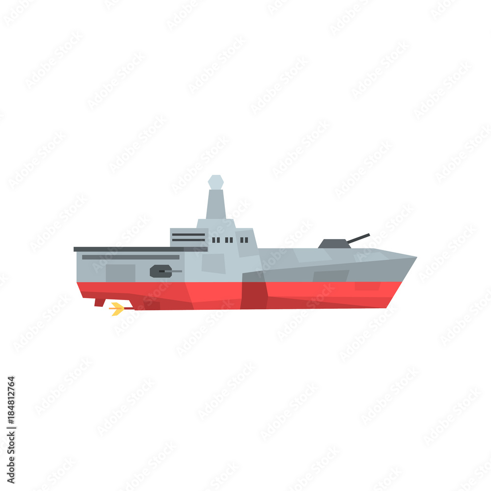 Dangerous war boat with cannon and radar. Military ship icon. Missile cruiser in flat style. Colored vector design element for poster or flyer cover