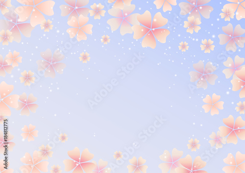 Spring border background with pink cute vector cherry blossom on light blue background. Vector illustration with spring season flowers