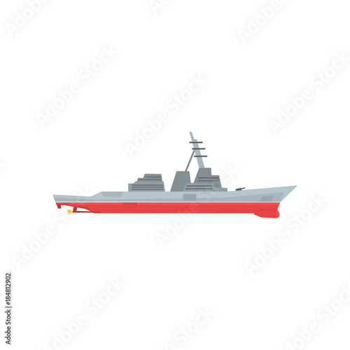 Navy battleship icon. Military ship with large-caliber artillery. Colored marine vehicle. Graphic design for sticker, poster, website, mobile game. Flat vector illustration