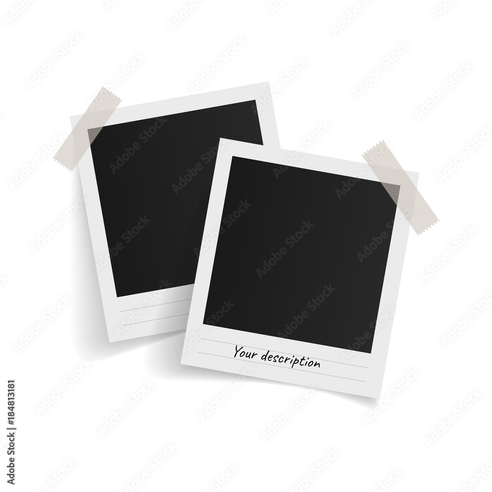 Polaroid photo frames on sticky tape on white background. Vector illustration. Polaroid photo frames on sticky tape on white background. Vector illustration.