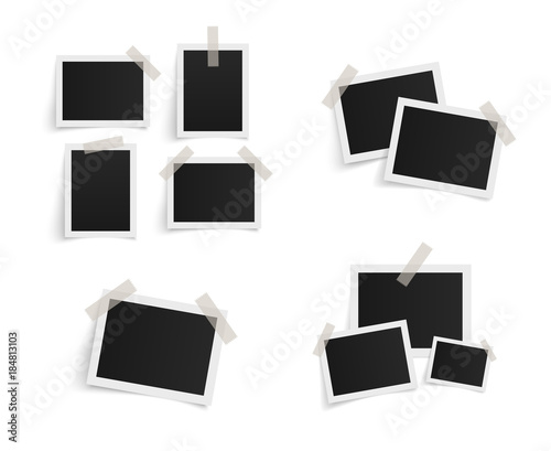 Set of rectangle vector photo frames on sticky tape on white background. Template photo design. Vector illustration