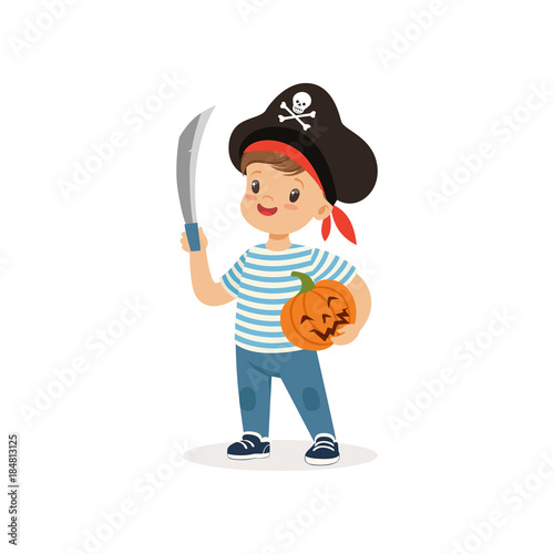 Pirate boy holding sword and pumpkin, cute kid in halloween costume vector Illustration