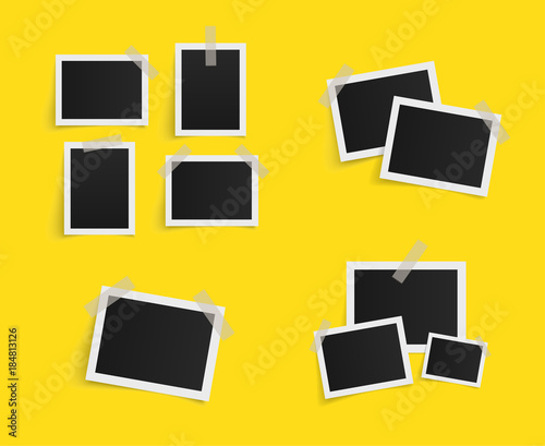 Set of rectangle vector photo frames on sticky tape on yellow background. Template photo design. Vector illustration