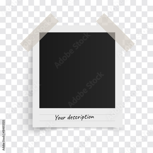 Polaroid photo frame template with shadows on sticky tape on a transparent background. Vector illustration.