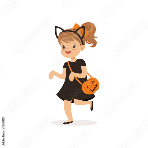 Little girl dressed as a black cat, cute kid in halloween costume vector Illustration
