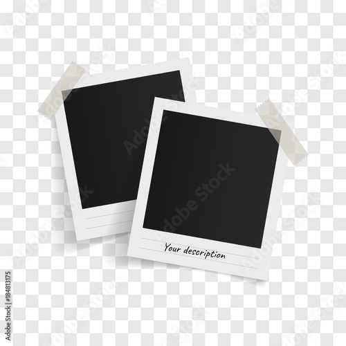 Polaroid photo frames on sticky tape on a transparent background. Vector illustration.