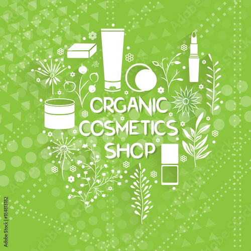 vector design of the emblem and logo of the organic cosmetics store. hand-drawn creams, ointments and herbs on a green background