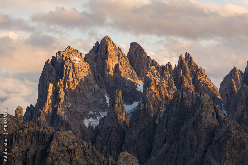 Great view of the Cadini di Misurina range in National Park Tre Cime di Lavaredo. Dolomites, Italy