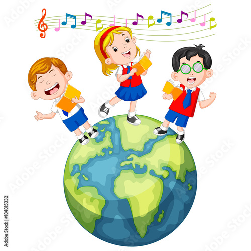 school children singing on the globe