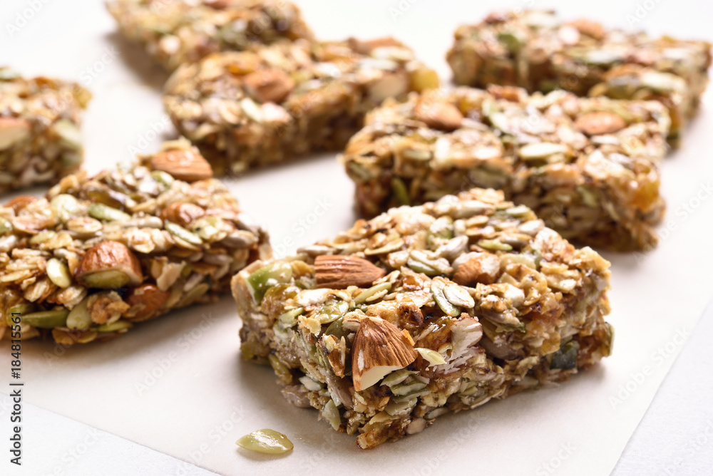 Close up of cereal granola bar Close up of cereal granola bar