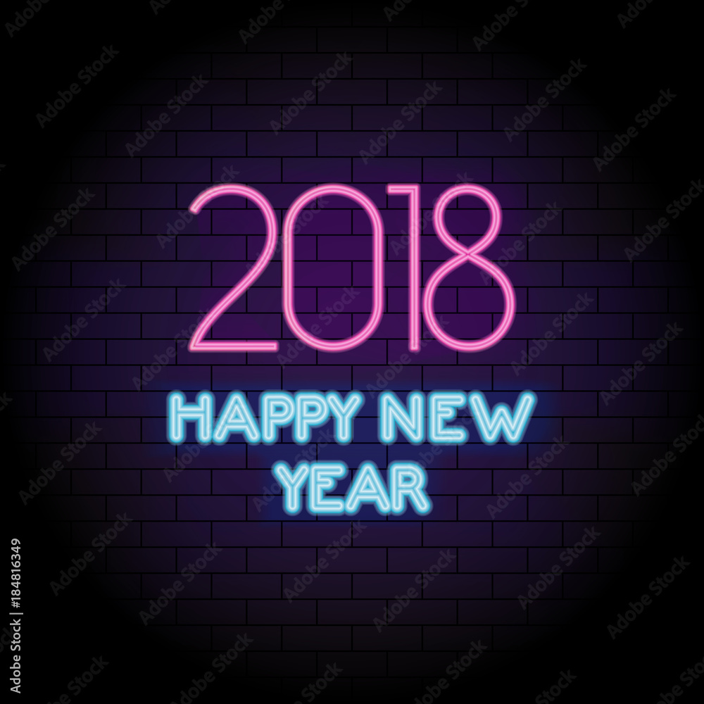 Happy New Year 2018 pink neon light greeting card