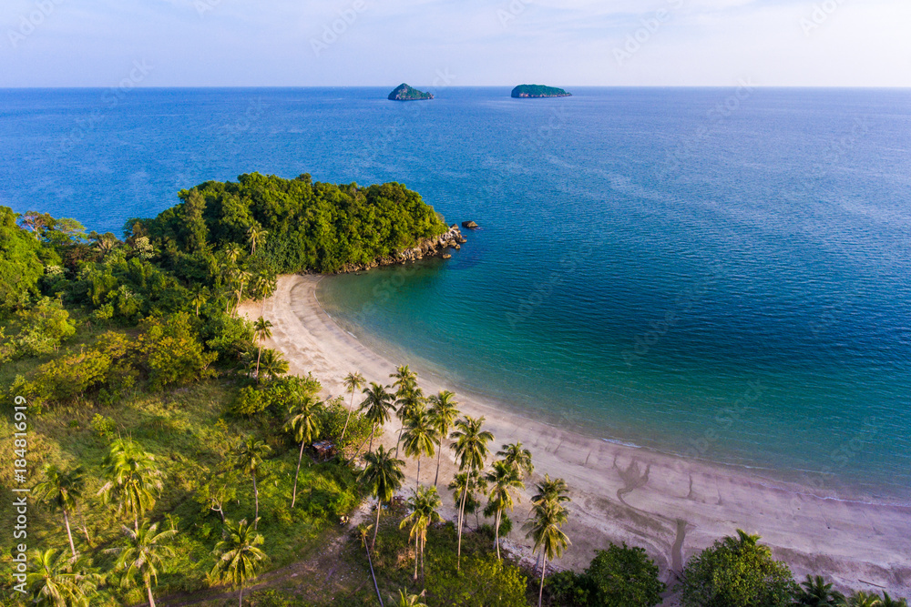Aerial view of scenic tropical beach with beautiful sunlight