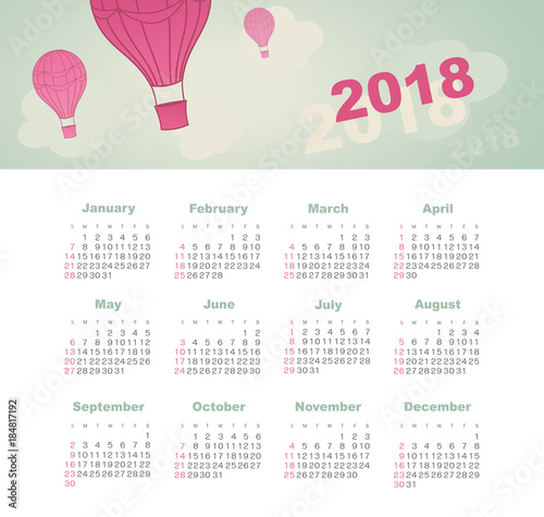 Calendar 2018 with balloon, sky, cloud, aerostat