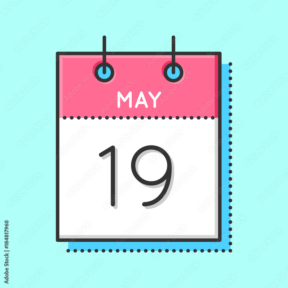 May Calendar Icon. Flat and thin line vector illustration. Spring calendar sheet on light blue background. May 19th. May Calendar Icon. Flat and thin line vector illustration. Spring calendar sheet on light blue background. May 19th.
