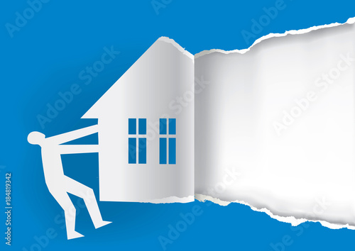 Real estate for sale concept.
Man ripped paper with house silhouette. Concete for Real estate for sale. Vector available. 