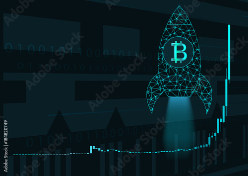 Bitcoin price chart and rocket.