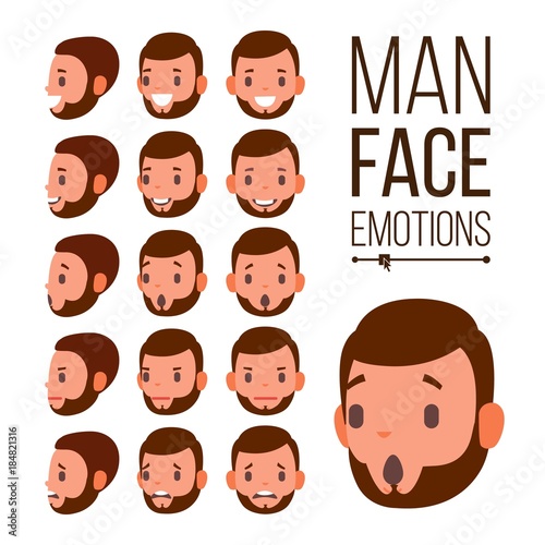 Man Emotions Vector. Young Male Face Portraits. Sadness, Anger, Rage, Surprise, Shock. Isolated Flat Cartoon Illustration © PikePicture
