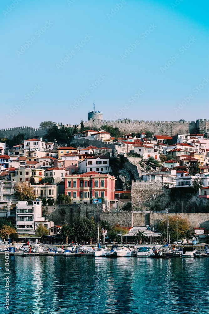 Greece, Kavala - October 20, 2017: City view, port and old castle.
