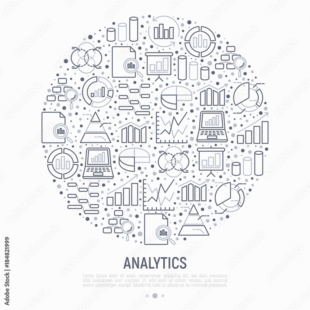 Analytics concept in circle with thin line icons: diagram, chart, statistics, pyramid, business analysis. Modern vector illustration for banner, web page, print media.