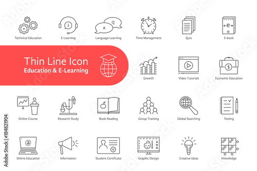 big thin line set of e-learning and education with text