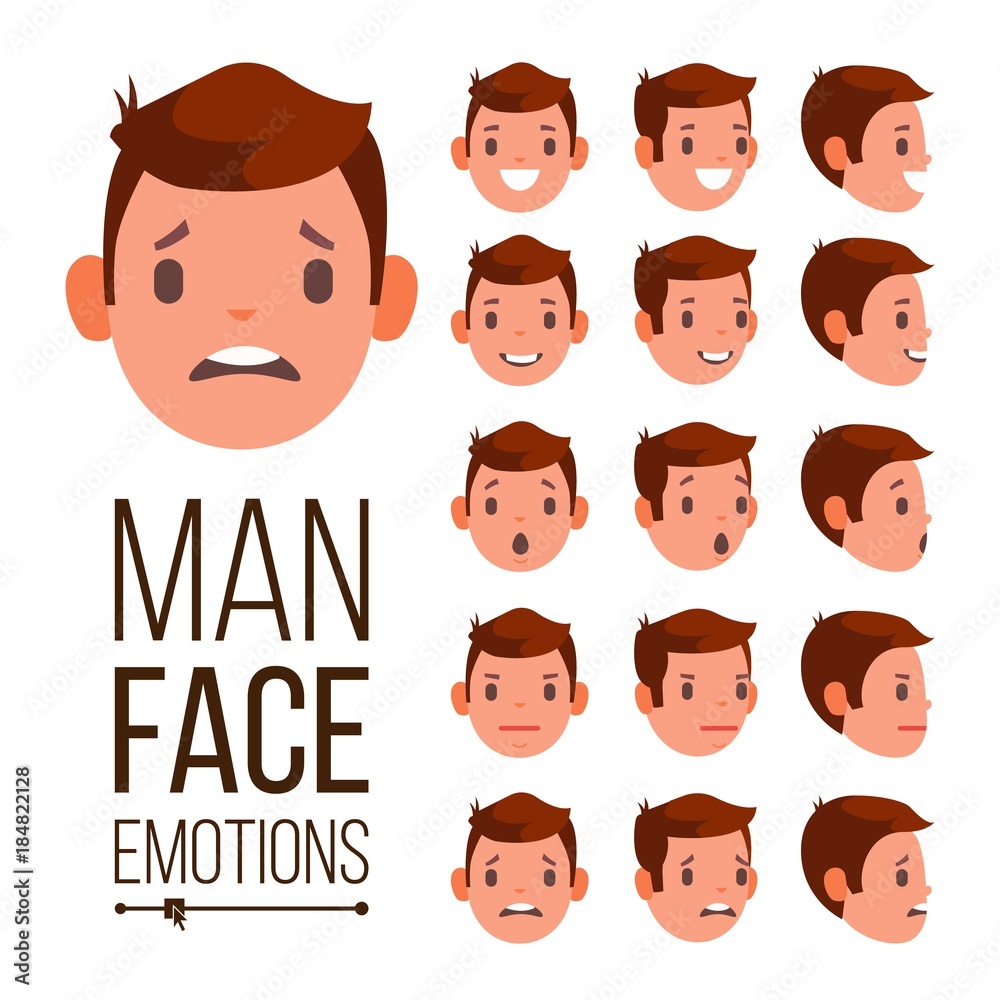 Man Emotions Vector. Different Male Face Avatar Expressions Set. Emotional Set For Animation. Isolated Flat Cartoon Illustration Man Emotions Vector. Different Male Face Avatar Expressions Set. Emotional Set For Animation. Isolated Flat Cartoon Illustration