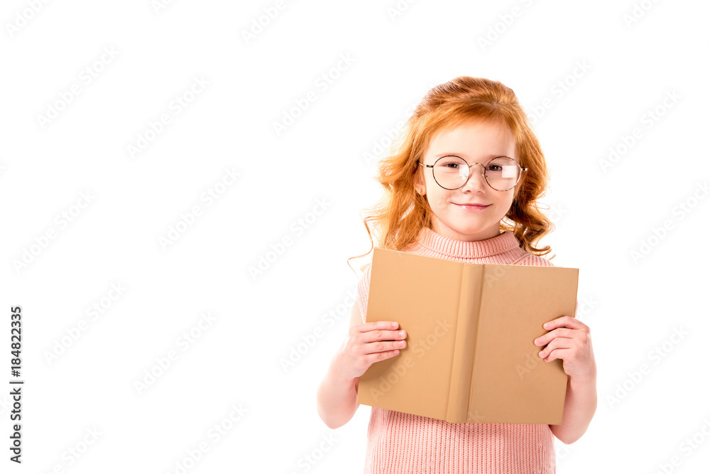 red hair kid standing with open book isolated on white red hair kid standing with open book isolated on white