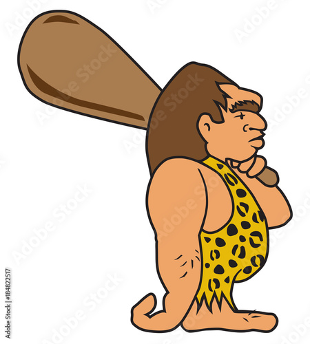 Knuckle dragging cartoon caveman is carrying a huge wooden club