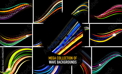 Collection of wavy lines on black, abstract backgrounds