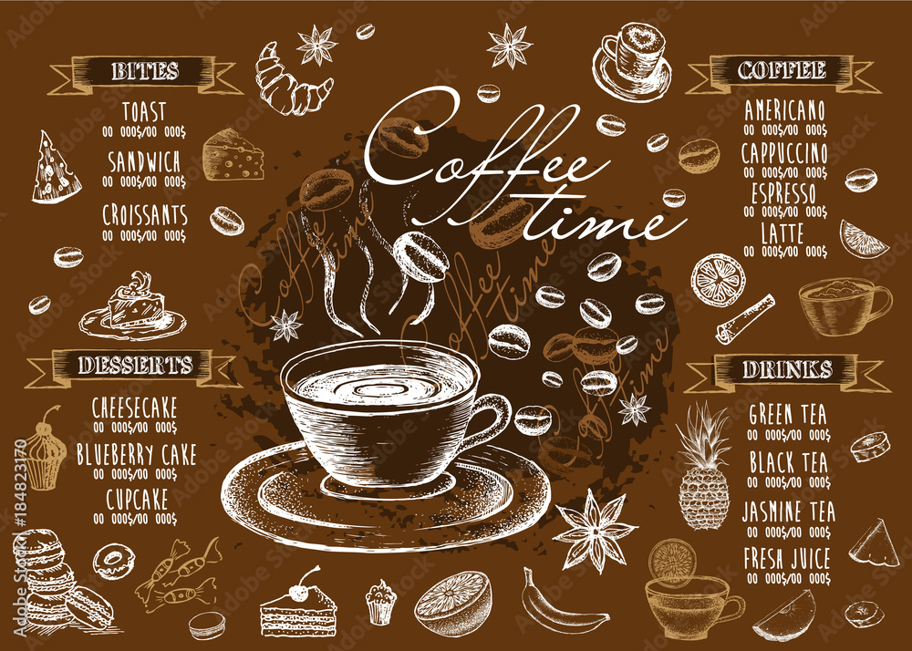 Fototapeta Menu kawiarni. Menu kawiarni restauracji, szablon projektu. Ulotka żywnościowa.