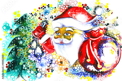 Handmade painting showing Santa Claus wearing Red Hat with big round moustaches and heavy white beard holding a pouch full of surprises and Christmas Tree