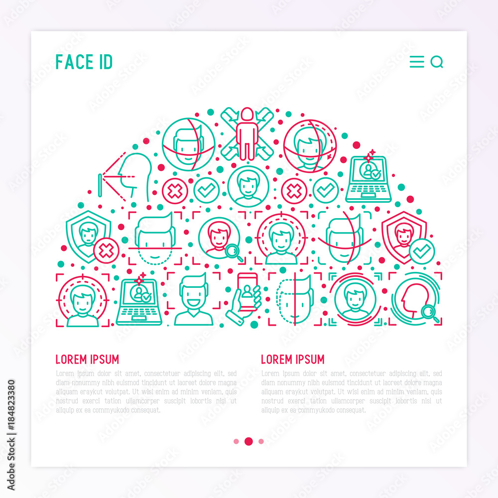 Face ID concept in half circle with thin line icons: face recognition, scanning, mobile authentication, approved, disapproved, face detect. Modern vector illustration, template for web page. Face ID concept in half circle with thin line icons: face recognition, scanning, mobile authentication, approved, disapproved, face detect. Modern vector illustration, template for web page.