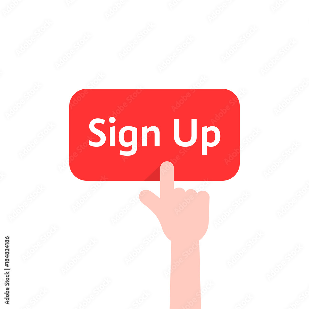 simple finger presses on sign up button isolated on white simple finger presses on sign up button isolated on white
