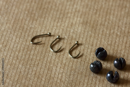 Photography Fishing tackle comprising of barbless hooks and split shot weights