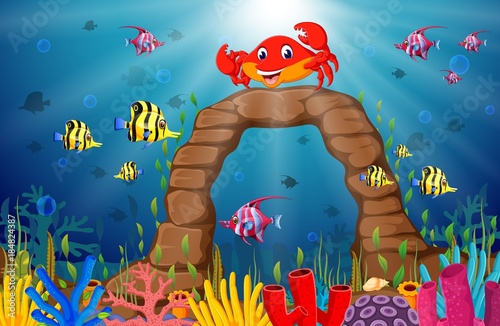Cartoon tropical crab with beautiful underwater world
